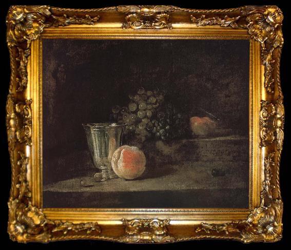 framed  Jean Baptiste Simeon Chardin Silver peach red wine grapes and apple, ta009-2